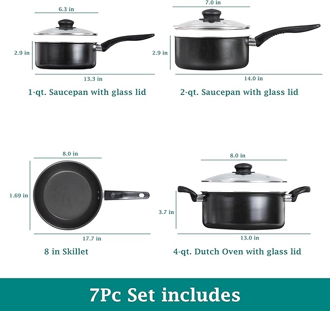 7 Piece Non Stick Aluminium Pots and Pans Cookware Set Black