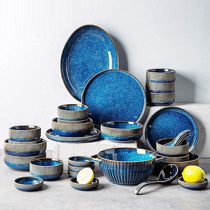 Stylish Dinner Set for Restaurant and HomeCeramics Dinner SetsBowl/Dish/Spoon|Gradient Texture Dinnerware Set Retro Kiln Glaze Porcelain Combination Set 22 Pieces Kitchenware