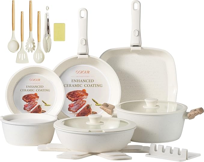 Ceramic Cookware Set Non Stick 23Pcs Pots and Pans Set Non Toxic with Detachable Handle Induction Kitchen Cookware Set Space Saving Oven &amp Dishwasher Safe Cream
