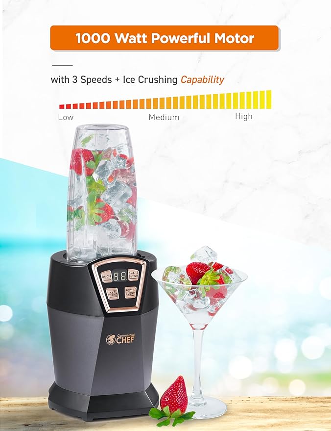 COMMERCIAL CHEF Personal Blender With 3 Modes for Smoothies Shakes &amp More - 1000W With 6 Stainless Steel Blades and LED Display