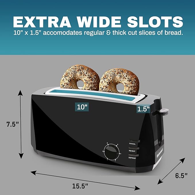 Elite Gourmet ECT4829B Long Slot 4 Slice Toaster 6 Toast Settings Toaster Defrost Reheat Cancel Functions Slide Out Crumb Tray Extra Wide Slots for Bagels Waffles Black