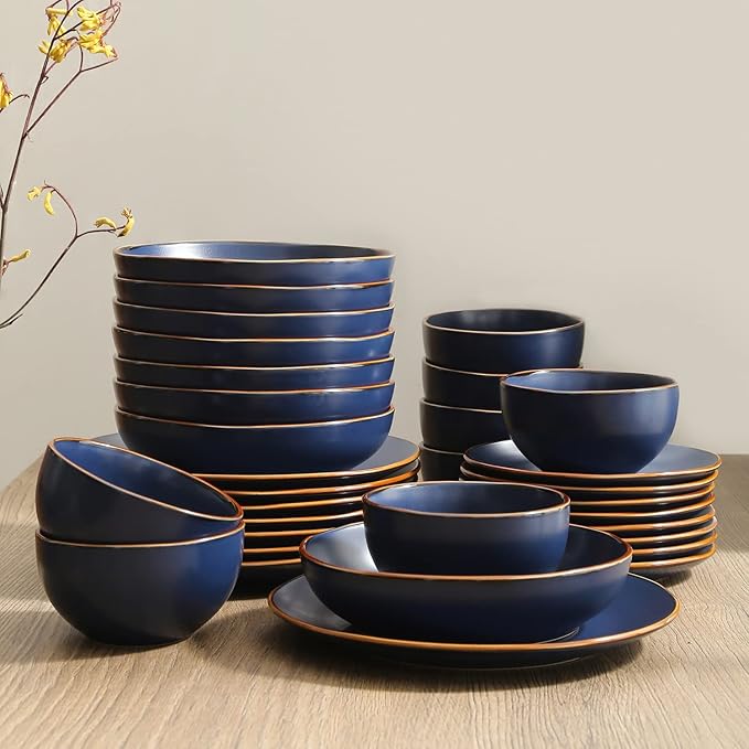 Stone Lain Brasa Stoneware 32 Piece Modern Dinnerware Sets Plates and bowls Service for 8 Blue Microwave &amp Dishwasher Safe