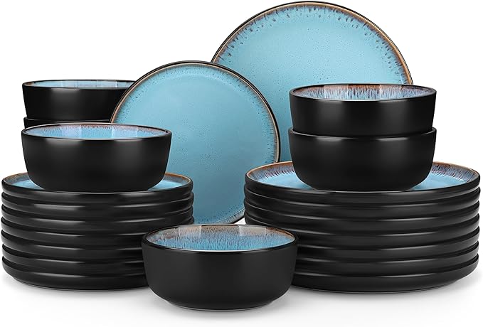vancasso Plates and Bowls Sets 24 Pieces Stoneware Dinnerware Sets for 8 Kitchen Dish Set Mircowave and Dishwasher Safe Dinner Set Ceramic Dishware Sky Blue Series AMBER