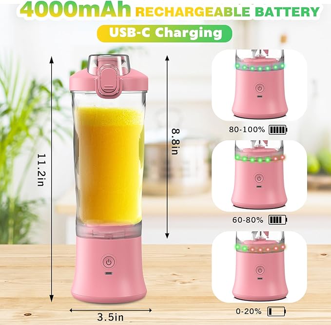 Portable Blender Personal Juicer for Shakes and Smoothies - 20 OZ Electric Protein Shaker Bottle with Insulated Sleeve Travel Lid USB-C Rechargeable - Mini Small Blender Cup for Kitchen Office Gym