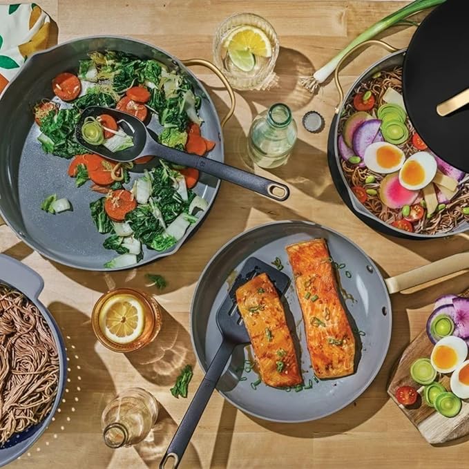 Pans 12pc Ceramic Non-Stick Cookware Set by Drew Barrymore Pots &amp Pans with Lids Dishwasher‑SafeSoft‑Touch Handles Even‑Heat Base. (Black Seaseme)