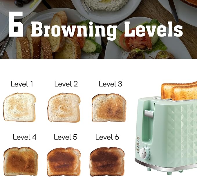 Toaster 2 Slices Toasters Wide Slot Bread Toaster with Cancel Bagel Defrost Function Bagel Toasters with Removable Tray &amp 6 Temperature Settings Green