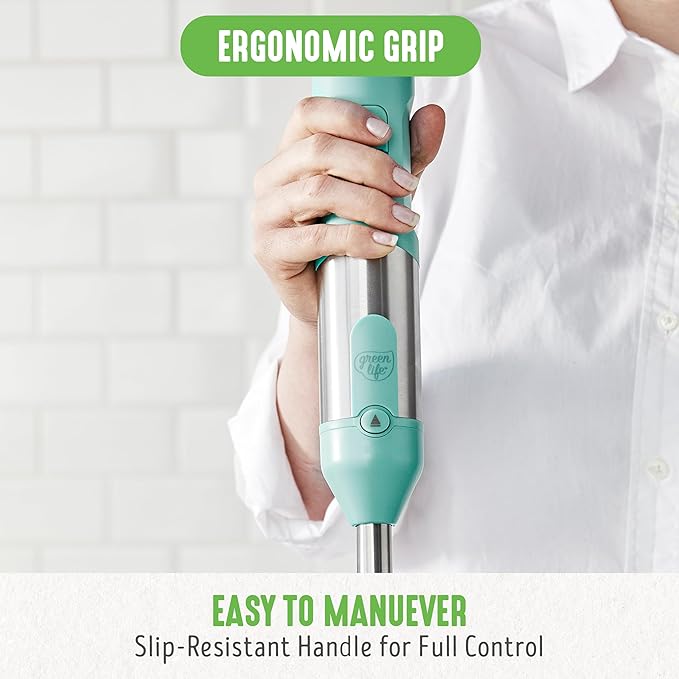 GreenLife 500-Watt Immersion Electric Handheld Stick Blender with Stainless Steel Blades Whisk Frother Measuring Cup and Lid Soups Puree Cake Multi-Speed Control Portable Turquoise