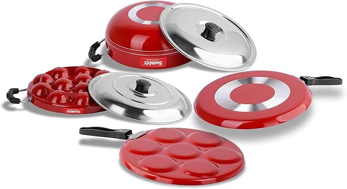 Sumeet 2.6mm Thick Non-Stick Shona Cookware set (Dosa Tawa – 26.5cm Dia + Multi snack maker – 26.5cm Dia + Kadhai With Lid – 1.5Ltr capacity- 20cm Dia + Grill Appam Patra With Lid – 23cm Dia)
