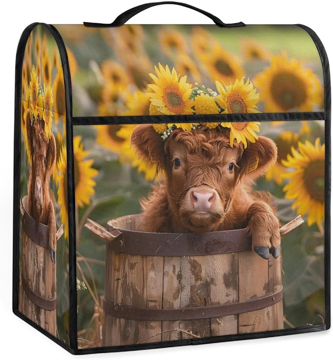 Kitchen Aid Mixer Cover Sunflowers Cute Highland Cow Stand Mixer Cover Compatible with 6-8 Quarts Stand Mixers Dust Covers with Zipper Pocket Foldable Washable Kitchen Aid Organizer Bag