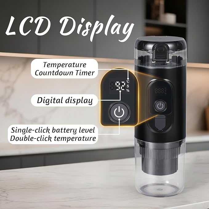Portable Espresso MakerElectric Travel Coffee Machine with Self-Heating and 20 Bar Pressure USB-C Rechargeable Smart Display 2-in-1 Capsule and Ground Compatible for Camping RV Car and Office