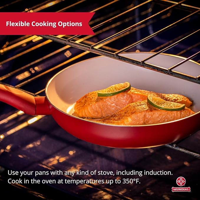 Pots and Pans Set Nonstick Ceramic – 9-Piece Non Stick Frying Pan and Cooking Pot Set – Red Aluminum Pans Ceramic Coating Glass Lids Silicone Handles – Kitchen Cookware Sets by Mundial