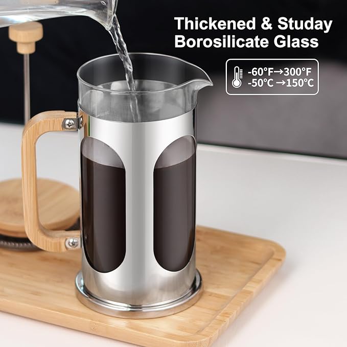 Sivaphe No-Plastic French Press Coffee Maker 34 oz Borosilicate Glass Bamboo Lid and Handle Coffee Tea Press 8 cup 1000ml Coffee Milk Forther with Stainless Steel Holder and Resuable Filters