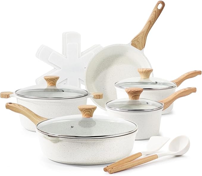 Ceramic Nonstick Pots and Pans Set 11Pcs Healthy Non Stick Cookware Set with Pots Protectors Induction Kitchen Cookware Sets White