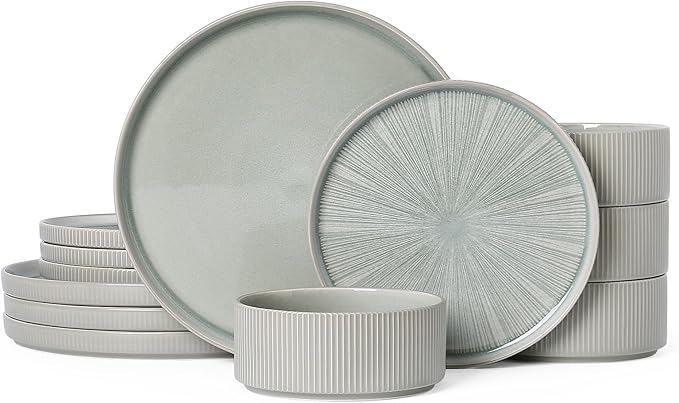 Dinnerware Sets for 4 Ceramic Plates and Bowls Set 12 Piece Dinnerware Chip Resistant Stoneware Dishwasher and Microwave Safe-Green