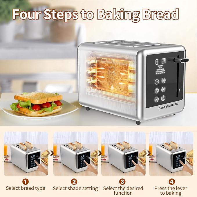 Smart Toaster Digital Tuch Screen Toasters with 5 Bread Selection 7 Shade Setting and Bagel/Defrost/Cancel/Reheat Function 1.5” 2 Slice Stainless Steel Tostadora with Removable Crumb Tray