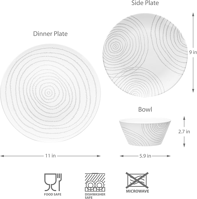 BZYOO BPA-Free Dishwasher Safe 100% Melamine Plastic Plate &amp Bowl Set Casual dining Indoor and Outdoor Dining Party (12 PCS Dinnerware set Service for 4 white planet)