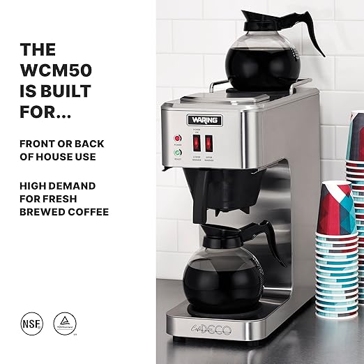 Waring WCM50 Café Deco Pour Over Decanter Coffee Brewer Stainless Steel Construction Two Individually Operated Warmers No Plumbing Required 120V 5-15 Phase PlugSilver