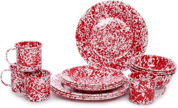 Enamelware Starter Set 16 piece Red/White Splatter