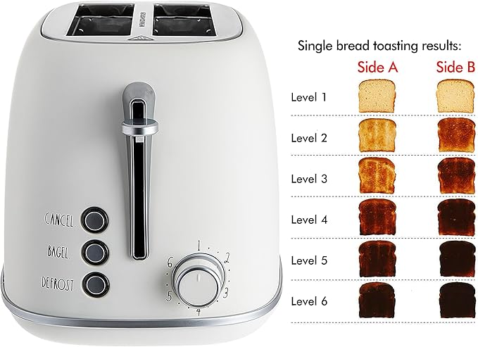 Rae Dunn Retro Rounded Bread Toaster 2 Slice Stainless Steel Toaster with Removable Crumb Tray Wide Slot with 6 Browning Levels Bagel Defrost and Cancel Options White