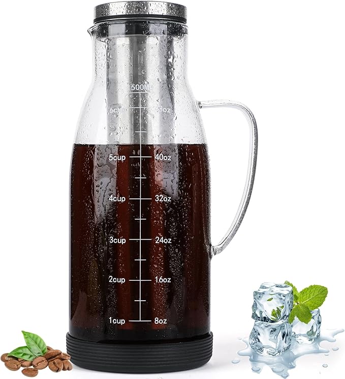 Airtight Cold Brew Coffee Maker Pitcher 51oz Glass Iced Coffee Maker Pitcher with Removable Stainless Steel Filter and Non-Slip Base 1.5L Iced Tea Maker