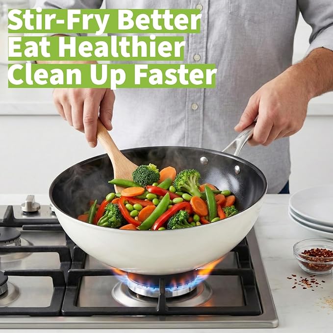 TeChef ValenCera Collectioin | Ceramic Nonstick Flat Bottom Wok Stir Fry Pan with Lid Nontoxic - Free of PFOA PTFE PFAS Induction Ready Oven Safe Made in Korea (Wok/Stir Fry Pan with Lid 12-in)