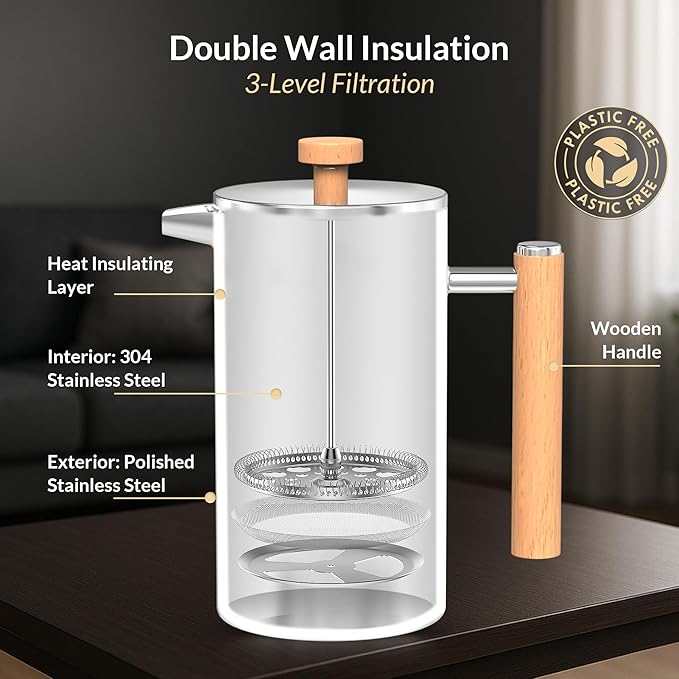 French Press Coffee Maker 304 Stainless Steel 34 Oz Large Double-Walled Insulated French Press Wood Handle 3 Level Filtration System For Kitchen Camping &amp Gifting in Premium Box No Plastic