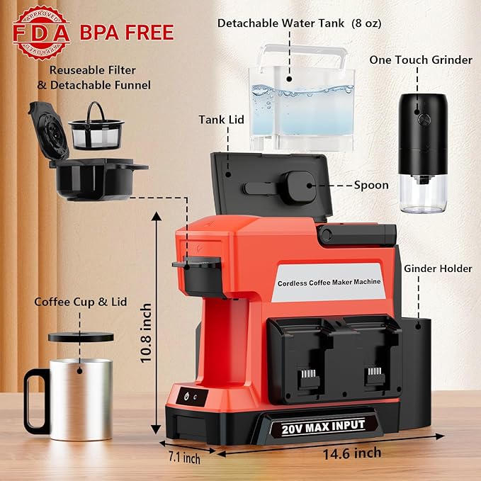 Cordless Coffee Maker for Milwaukee 18V Battery 3 Brewing Options Drip Coffee Maker with Coffee Grinder Portable Single Serve Coffee Makers for Camping Travel and Jobsite. (Tool Only)