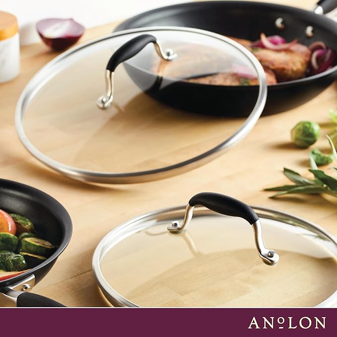 Anolon Advanced Home Glass Lids Stainless Steel and Silicone Handles 2 Piece 10 Inch and 12 Inch Lid Set Onyx