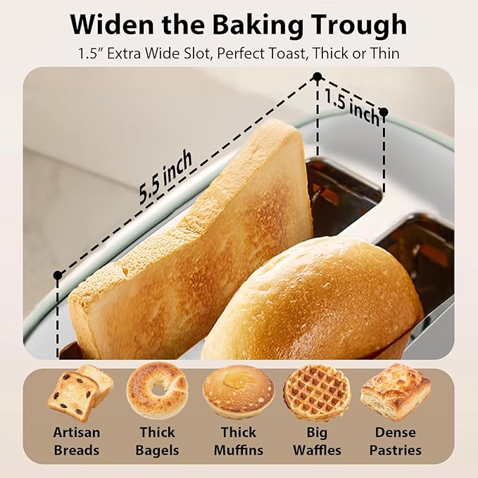 2 Slice Toaster - Stainless Steel 1.5 Extra Wide Slots 6 Browning Settings Bagel/Defrost/Cancel Modes Green