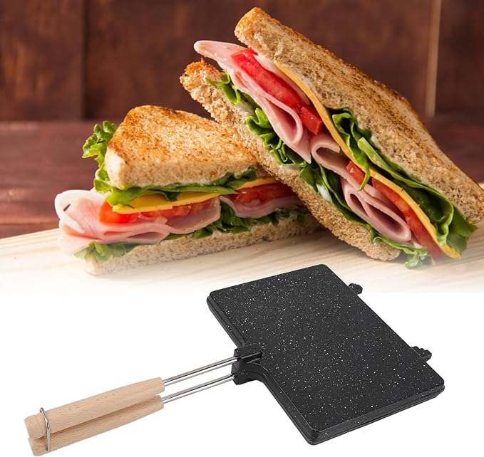 Non Stick Hand Maker Multifunctional Double Sided Toaster with Removable Wooden Handle Ideal for Home Breakfast