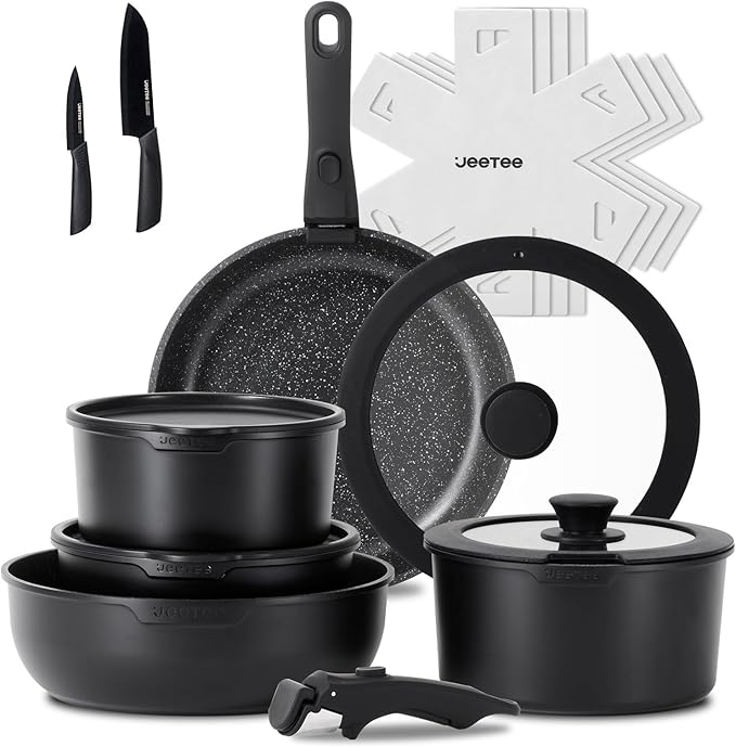 JEETEE Pots and Pans Set Non Stick 17pcs Kitchen Cookware Sets with Detachable Handle Induction Nonstick Cookware Set with Removable Handle Stackable RV Cookware Oven Safe PFAS/PFOA Free Black