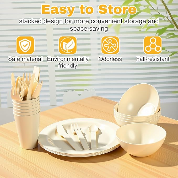 LemonRoad 6 Set College Dorm Dishes Essential Kit Plates and Bowls Back to School Beige Room Dishes Set with Storage Mesh Bag Cup Microwave Dinnerware Picnic for RV Camping