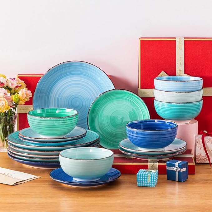 vancasso Bonita Dinnerware Set Blue Stoneware 18 Pieces Service for 6 Handpainted Spirals Pattern Stoneware Plates and Bowls Set