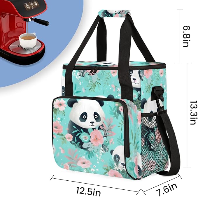 Panda Coffee Maker Carrying Bag Pink Flower Panda Travel Storage Bag Compatible with K-Mini or K-Mini Plus Single Serve Coffee Brewer Carrying Case with Multiple Pockets &amp Shoulder Strap