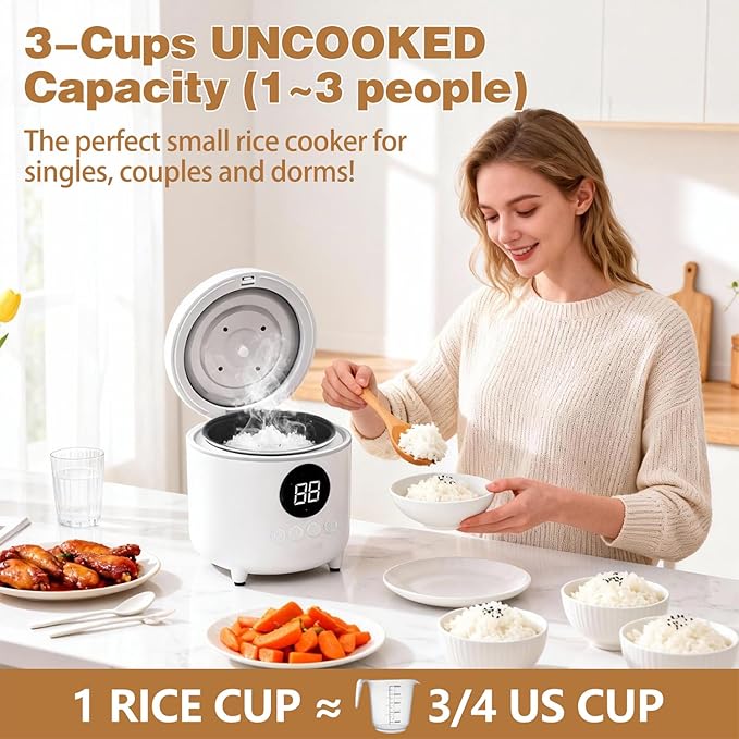Mini Rice Cooker 2-Cup Uncooked / 4-Cup Cooked 1.7Qt Portable Small Rice Maker with Auto Keep Warm &amp 24H Timer Delay for Oatmeal Quinoa Soup Non-Stick Inner Pot Easy to Clean