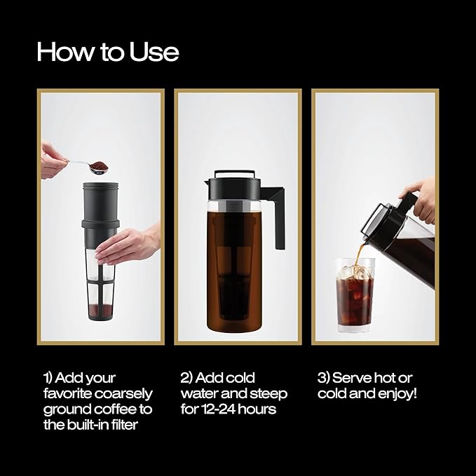 Takeya Glass Cold Brew Coffee Maker for Iced Coffee Airtight Pitcher Premium Quality 2 Quart Black Lid and Handle