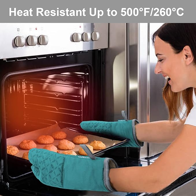 KEGOUU Oven Mitts and Pot Holders 6pcs Set Kitchen Oven Glove High Heat Resistant 500 Degree Extra Long Oven Mitts and Potholder with Non-Slip Silicone Surface for Cooking (Lake Blue)