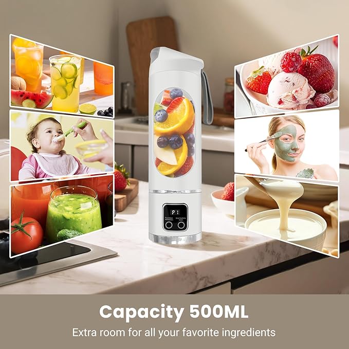Portable Blender Personal Electric USB500ML Portable juicer Shakes and Smoothies BlenderSmall BlendersMixingCompact、Convenient and Versatile (White)