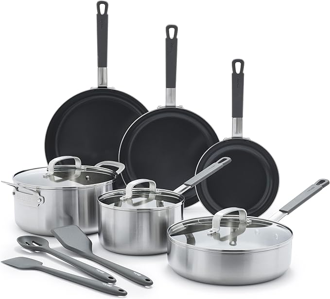 GreenPan x Bobby Flay Stainless Steel 12 Piece Cookware Pots &amp Pans Set Professional Grade Tri-Ply Multiclad PFAS-Free Ceramic Nonstick Induction Suitable Dishwasher &amp Oven SafeStay Cool