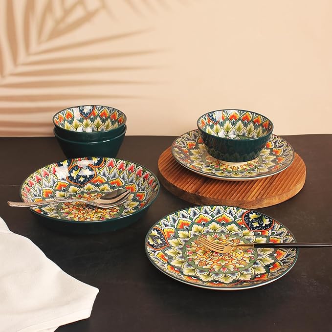 YA JU Mandala Dinnerware Sets (12 Pcs) Serves 4 Buffet Dinnerware Boho Plates and Bowls Dish Set with 8 salad Plate 8 Dessert Plate 4.8 bowl apply Casual dining Indoor Outdoor Dining Party