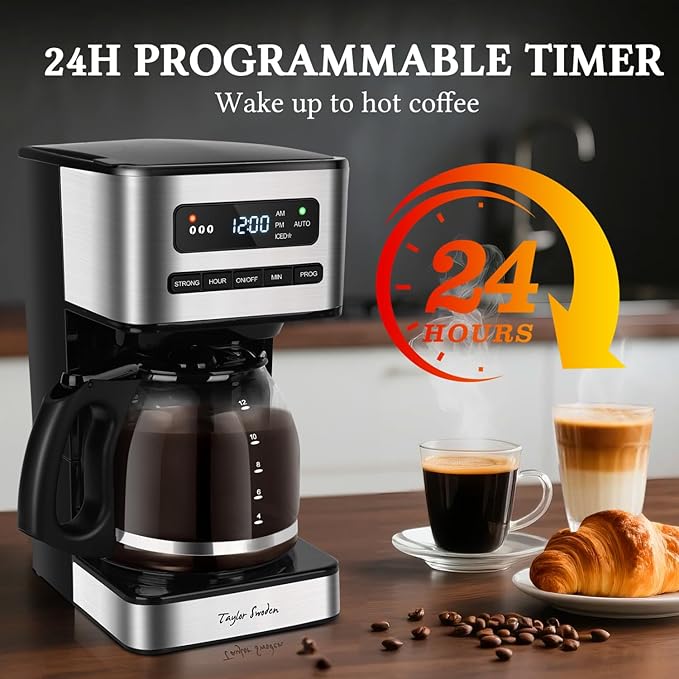 Taylor Swoden Programmable Coffee Makers 12 Cup Hot and Iced Coffee Maker 3 Brew Strength LED Display 24H Timer Keep Warm&ampAuto Shutoff- Drip Coffee Machine for Home/Office Black &ampStainle