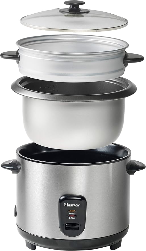 Bestron Rice cooker with steam basket and keep warm function 1.8 litres 700W stainless steel