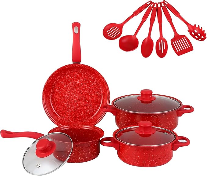 Non stick cookware set frying pan casserole dish wok Utensil Set Pots Pans Home Kitchen Gift Item 13- Piece (Red)