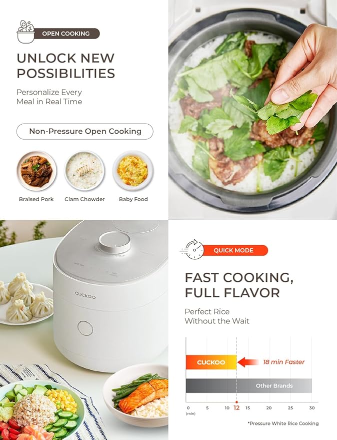 CUCKOO Twin Pressure Rice Cooker 6-Cup Uncooked / 12-Cup Cooked with Induction Heating Technology Silent Pressure System Open Cooking Mode Dynamic Display Eco Inner Pot White (CRP-OHTR0609FW)