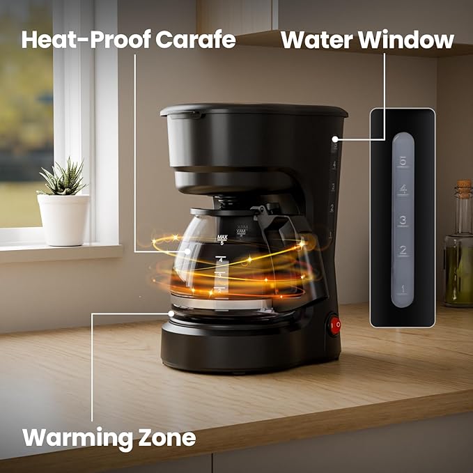 Kismile 5 Cup Coffee Maker 0.75L Small Drip Coffee Machine with Anti-Drip Design Dry Burn Protection Removable Filter Funnel Easy Mechanical Switch Black
