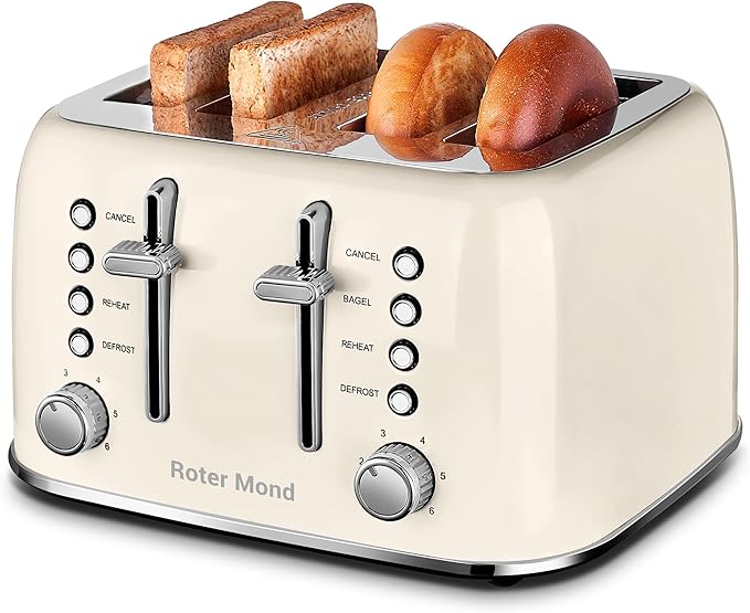 Roter Mond Toaster 4 Slice Retro Stainless Steel with Extra Wide Slots Bagel Defrost Reheat Function Dual Independent Control Panel Removable Crumb Tray 6 Browning Levels Cream White