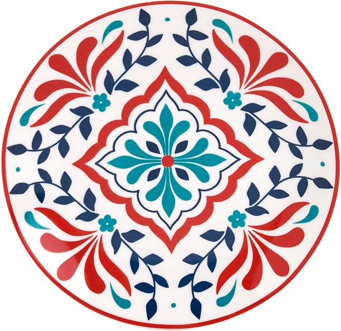 Tabletops Gallery 12-Piece Camila Patterned Ceramic Dinnerware Set of Kitchen Dishes Dinner Plates Cereal Bowls Service for 4 Red