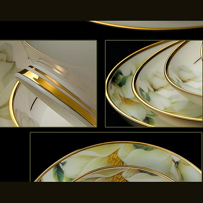 60 Pieces Dinnerware Set Porcelain Bone China Kitchen Dinner Set with Cereal Bowls Dessert Plates Soup Plates Fish Plate Dishes and Soup Pot Service for 10 People Dishwasher and Microwave Safe