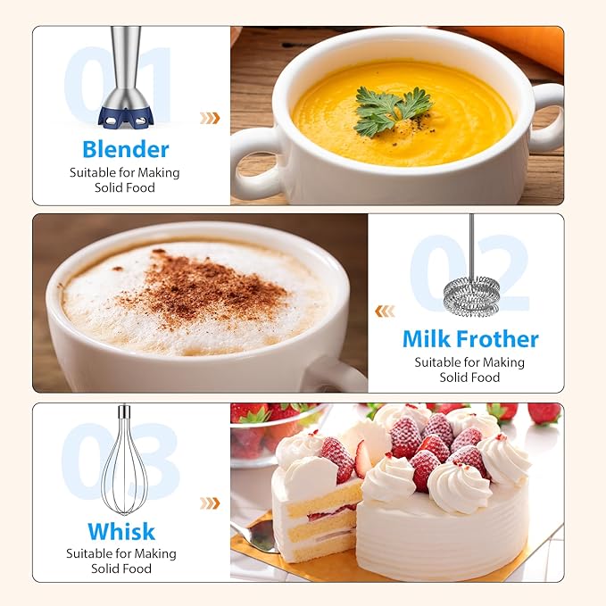 KOIOS Immersion Blender 1000W Anti-scratch 3-in-1 Hand Blender Upgraded 12 Speed Stainless Steel Blade Stick Blender with Turbo Mode Whisk and Milk Frother Non-BPA Blue