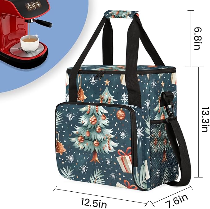Christmas Festivals Coffee Maker Carrying Bag Retro Tree Travel Storage Bag Compatible with K-Mini or K-Mini Plus Single Serve Coffee Brewer Carrying Case with Multiple Pockets &amp Shoulder Strap